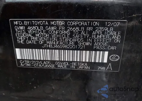 2008 Lexus Es 350 from USA, damaged, VIN JTHBJ46G982201721